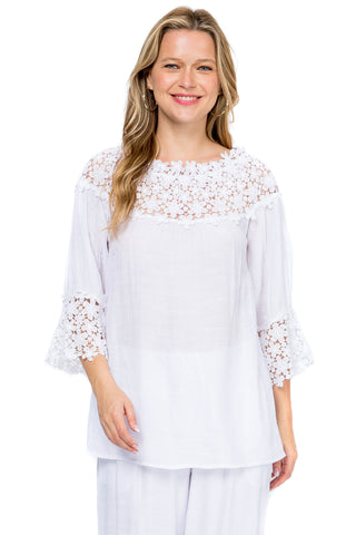 Women's Casual Crochet Trimmed Scoop Neck ¾ Sleeve Tunic Top - Mojito Collection - Vacation Clothing, Women's Clothing, Women's Resort Wear, Women's Top