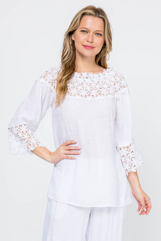 Women's Casual Crochet Trimmed Scoop Neck ¾ Sleeve Tunic Top - Mojito Collection - Vacation Clothing, Women's Clothing, Women's Resort Wear, Women's Top