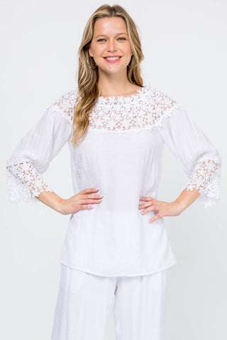 Women's Casual Crochet Trimmed Scoop Neck ¾ Sleeve Tunic Top - Mojito Collection - Vacation Clothing, Women's Clothing, Women's Resort Wear, Women's Top