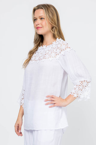 Women's Casual Crochet Trimmed Scoop Neck ¾ Sleeve Tunic Top - Mojito Collection - Vacation Clothing, Women's Clothing, Women's Resort Wear, Women's Top