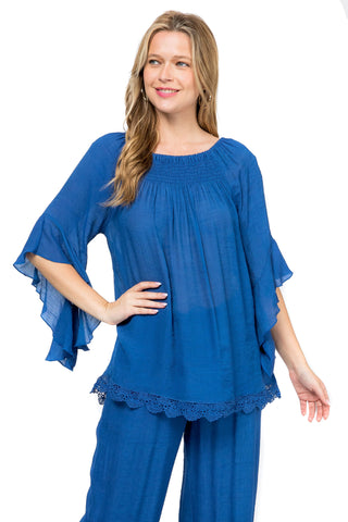 Women's Casual Smocked Neckline Crochet Trimmed Hem and ¾ Flared Sleeve Tunic Top - Mojito Collection - Vacation Clothing, Women's Clothing, Women's Resort Wear, Women's Top