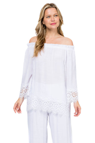 Women's Casual Off-Shoulder Crochet Trimmed Hem and Sleeve Tunic Top - Mojito Collection - Vacation Clothing, Women's Clothing, Women's Resort Wear, Women's Top