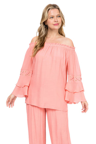 Women's Casual Off-Shoulder Ruffled Bell Sleeve Tunic Top - Mojito Collection - Vacation Clothing, Women's Clothing, Women's Resort Wear, Women's Top