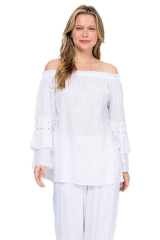 Women's Casual Off-Shoulder Ruffled Bell Sleeve Tunic Top - Mojito Collection - Vacation Clothing, Women's Clothing, Women's Resort Wear, Women's Top