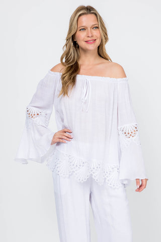 Women's Casual Drawstring Off-Shoulder Crochet Trimmed Bell Sleeve Tunic Top - Mojito Collection - Vacation Clothing, Women's Clothing, Women's Resort Wear, Women's Top