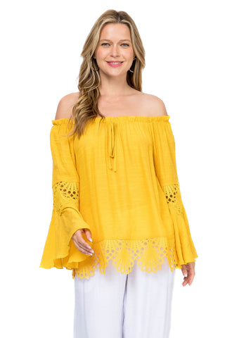 Women's Casual Drawstring Off-Shoulder Crochet Trimmed Bell Sleeve Tunic Top - Mojito Collection - Vacation Clothing, Women's Clothing, Women's Resort Wear, Women's Top