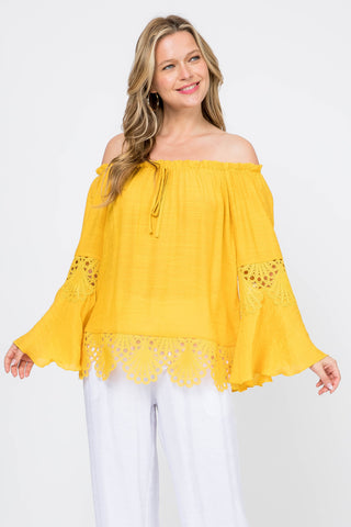 Women's Casual Drawstring Off-Shoulder Crochet Trimmed Bell Sleeve Tunic Top - Mojito Collection - Vacation Clothing, Women's Clothing, Women's Resort Wear, Women's Top