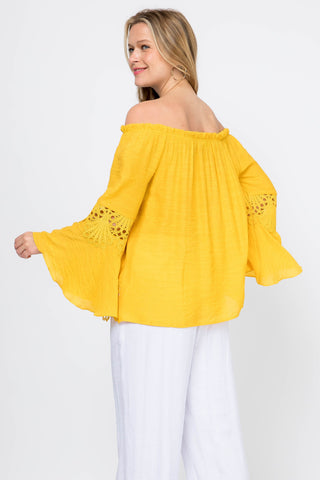 Women's Casual Drawstring Off-Shoulder Crochet Trimmed Bell Sleeve Tunic Top - Mojito Collection - Vacation Clothing, Women's Clothing, Women's Resort Wear, Women's Top