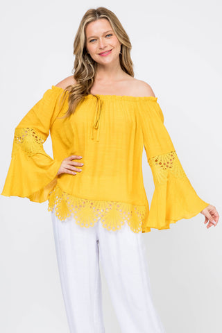 Women's Casual Drawstring Off-Shoulder Crochet Trimmed Bell Sleeve Tunic Top - Mojito Collection - Vacation Clothing, Women's Clothing, Women's Resort Wear, Women's Top