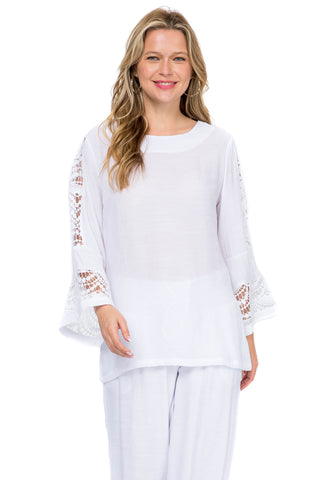 Women's Casual Scoop Neck Crochet Trimmed Bell Sleeve Tunic Top - Mojito Collection - Vacation Clothing, Women's Clothing, Women's Resort Wear, Women's Top
