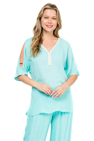 Women's Casual Embroidered V Neckline  ¾ Side Slit Sleeves Tunic Top - Mojito Collection - Vacation Clothing, Women's Clothing, Women's Resort Wear, Women's Top
