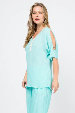 Women's Casual Embroidered V Neckline  ¾ Side Slit Sleeves Tunic Top - Mojito Collection - Vacation Clothing, Women's Clothing, Women's Resort Wear, Women's Top