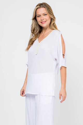Women's Casual Embroidered V Neckline  ¾ Side Slit Sleeves Tunic Top - Mojito Collection - Vacation Clothing, Women's Clothing, Women's Resort Wear, Women's Top