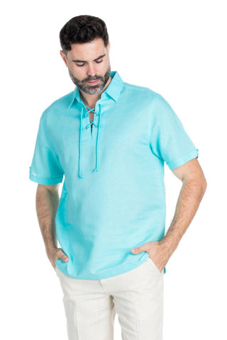 Men's Beach Resort Wear Linen Shirt Short Sleeve Lace Up Collar - Mojito Collection - Beachwear, Mens Shirt, Mojito Linen Shirt, Resort Wear, Short Sleeve Shirt