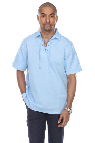 Men's Beach Resort Wear Linen Shirt Short Sleeve Lace Up Collar - Mojito Collection - Beachwear, Mens Shirt, Mojito Linen Shirt, Resort Wear, Short Sleeve Shirt
