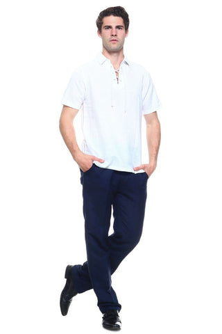 Men's Beach Resort Wear Linen Shirt Short Sleeve Lace Up Collar - Mojito Collection - Beachwear, Mens Shirt, Mojito Linen Shirt, Resort Wear, Short Sleeve Shirt