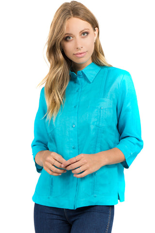 Women's Traditional Guayabera Shirt Premium 100% Linen 3/4 Sleeves XS-3X - Mojito Collection - Mojito Guayabera Shirt Women, Womens Guayabera Shirt, Womens Shirt