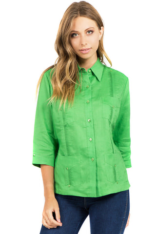 Women's Traditional Guayabera Shirt Premium 100% Linen 3/4 Sleeves XS-3X - Mojito Collection - Mojito Guayabera Shirt Women, Womens Guayabera Shirt, Womens Shirt