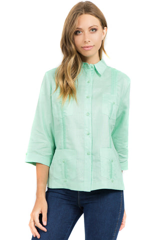 Women's Traditional Guayabera Shirt Premium 100% Linen 3/4 Sleeves XS-3X - Mojito Collection - Mojito Guayabera Shirt Women, Womens Guayabera Shirt, Womens Shirt