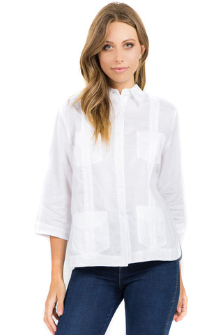 Women's Traditional Guayabera Shirt Premium 100% Linen 3/4 Sleeves XS-3X - Mojito Collection - Mojito Guayabera Shirt Women, Womens Guayabera Shirt, Womens Shirt